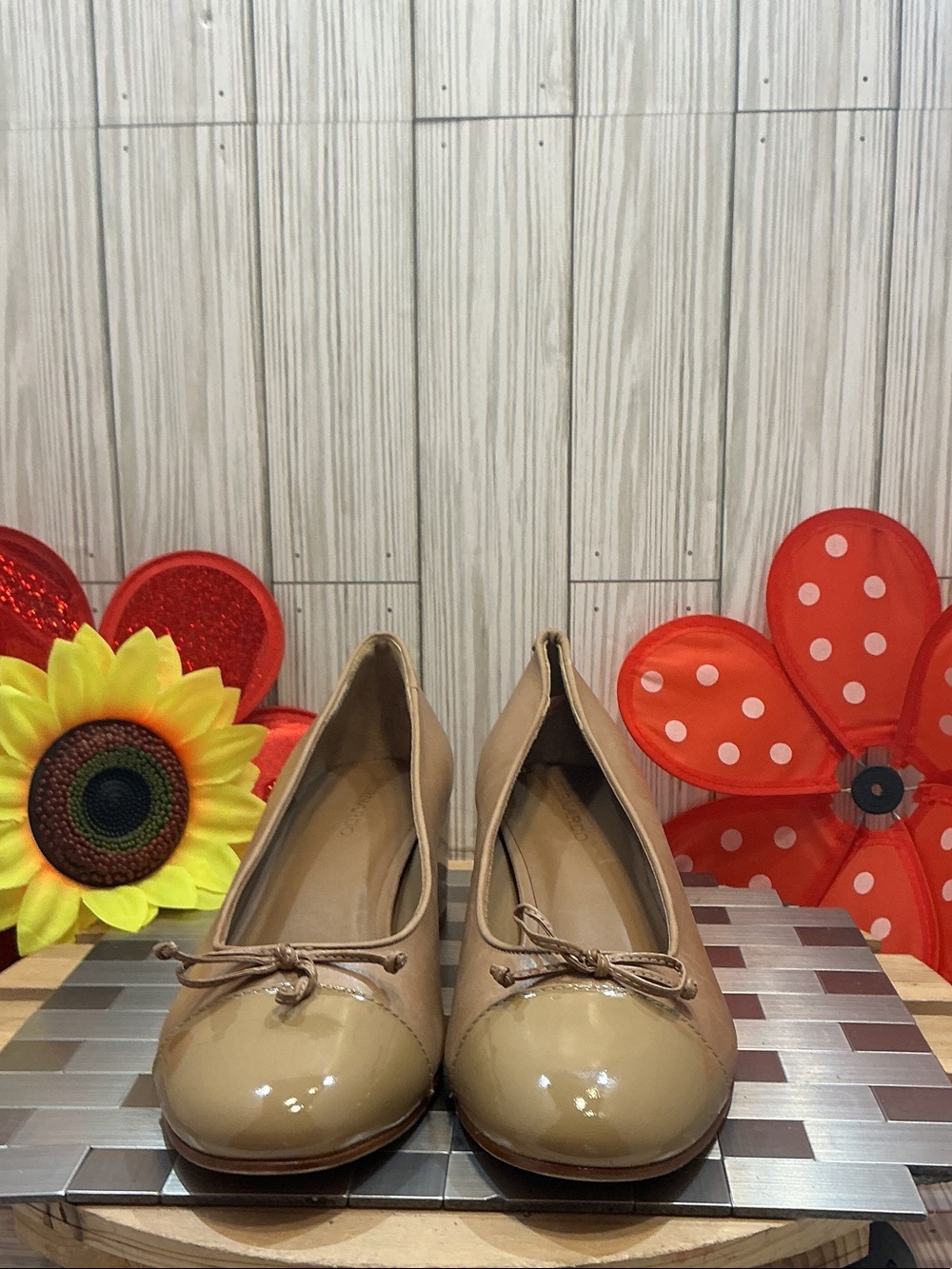Bernardo Tan Patent Cap-Toe Ballet Flats